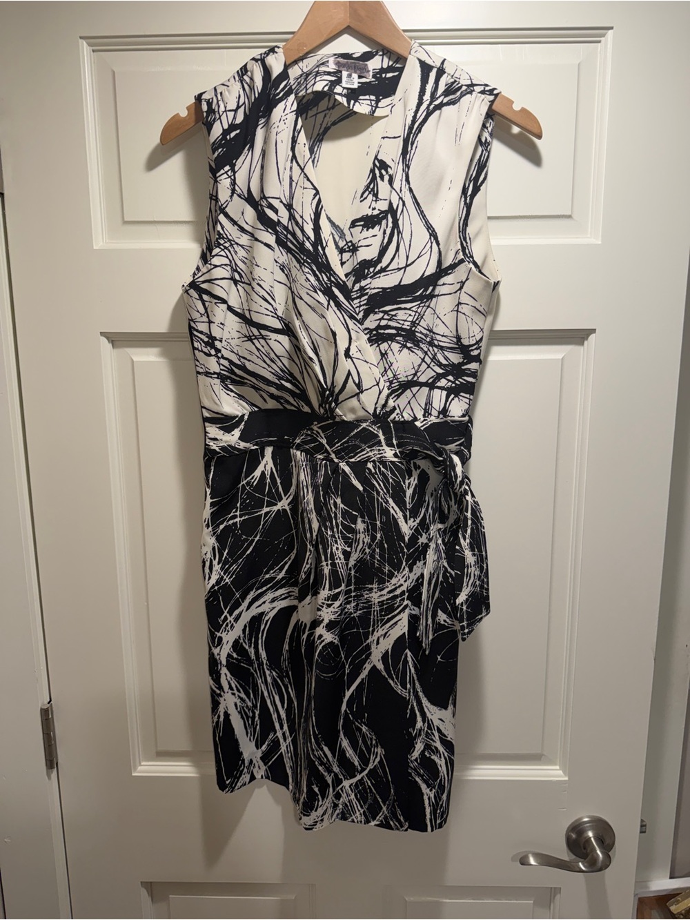 Calvin Klein Black and White Abstract Sleeveless Wrap Dress